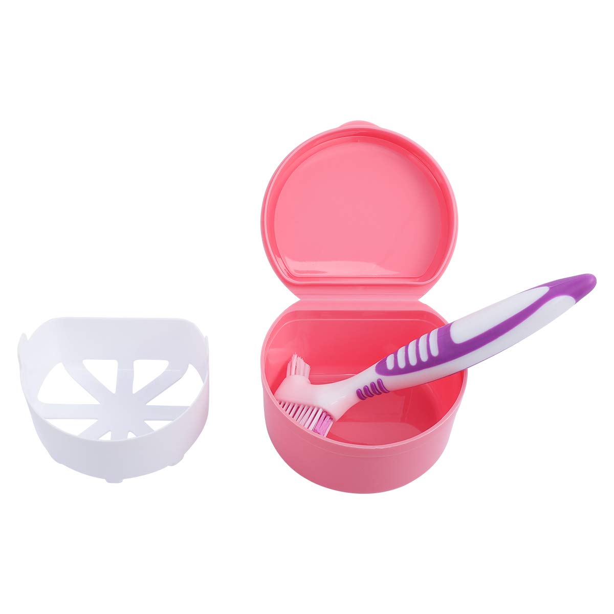 LVCHEN Denture Case Retainer False Teeth Container Box Brush Set Cup Storage with Strainer for Travel Cleaning or Overnight Soaking (Pink): Health & Personal Care