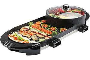 2 in 1 Electric Hot Pot with Grill Indoor Non-Stick Smokeless and Griddle Independent Dual Temperature Control Large Capacity