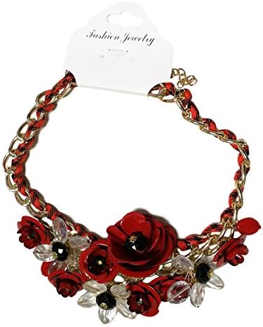 Fashion Women Bib Rose Flower Crystal Pendant Statement Chain Chunky Choker Necklace (05)
