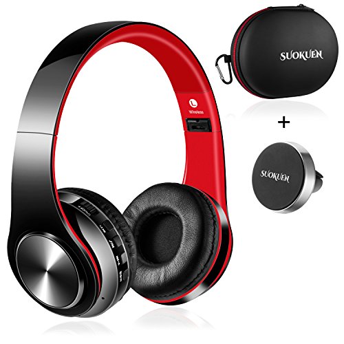 Bluetooth Headphones Over Ear, Hi-Fi Stereo Wireless Headset, Foldable, Soft Memory-Protein Earmuffs, w/Built-in Mic and Wired Mode for PC/Cell Phones/TV (Red with Case)