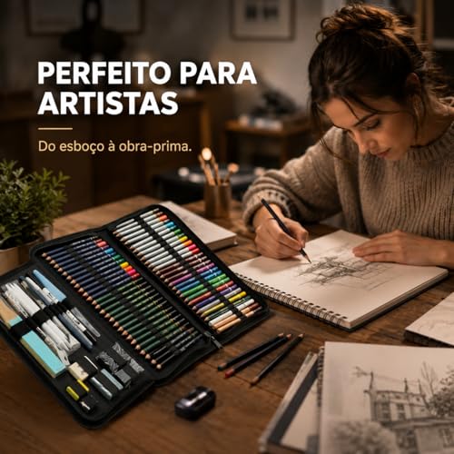 Kit Lapis de Desenho Profissional 75 Peças com Estojo Portátil, Lapis de Cor e Grafite Profissional, Sketchbook, Borrachas, Estilete e Acessórios para Artistas e Estudantes Linha Super Premium