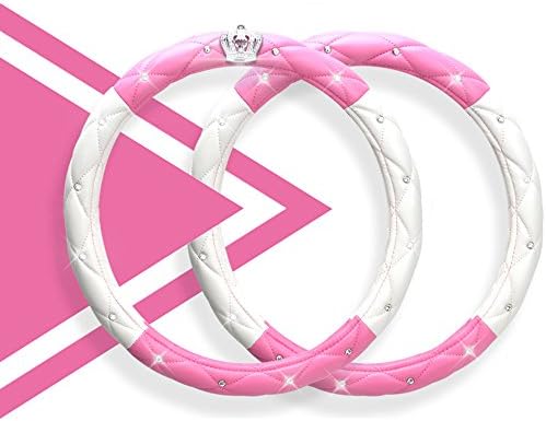 Car Steering Wheel Cover for Girls & Women 38CM/15'' Universal Car Steering Wheel Cover Crown Diamond PU Leather Non-Toxic Safe Driving Steering Cover - Pink & White