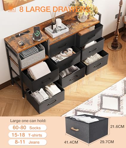ODK Chest of Drawers Bedroom, Contains 2 USB & 2 AC Ports Sockets, Storage Dresser with 8 Fabric Drawers Suitable for Bedrooms, Living Rooms, Retro Color
