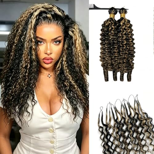 Burmese Curly Crochet Human Hair 18in 50g Natural Black Highlight Honey Blonde Ombre Knotless Pre-Separated Feather Crochet Human Hair with Spiral End Knotless Micro Link Crochet Hair Bundles at Amazon