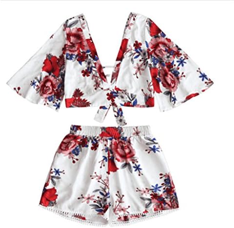Beachwear,kaifongfu Casual Two Piece Set Women Botanical Print Summer V Collar Top Shorts Beachwear (L, White)