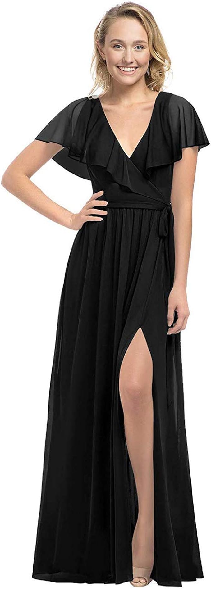 yinyyinhs V Neck Ruffle Bridesmaid Dresses Long Slit Chiffon Evening Prom Dress at Amazon Women 