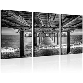 Kreative Arts - Under The PIER Premium Canvas Art Print Black and White Large Seascape Wall Art Deco Canvas Picture Stretched on Wooden Frame as Modern Gallery Artwork