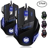 Jiale 2 Pack Professional LED Optical 7200 DPI 7 Button USB Wired Gaming Mouse Mice for Gamer, PC, MAC, Laptop, Computer-Black