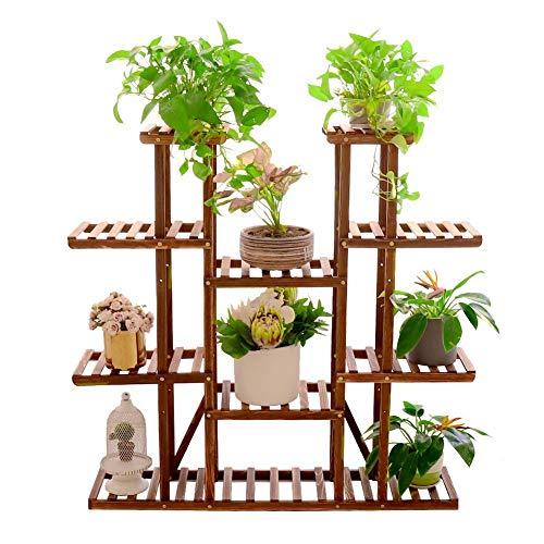 9 Tier Wooden Plant Stand Indoor Carbonized Flower Shelf 46 Inch High 16 Potted Large Capacity Organizer Shelf Display Rack Holder for Patio Garden Corner Outdoor