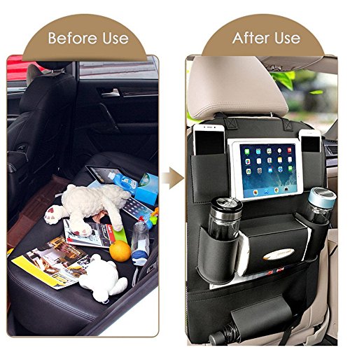 Fincy Palmoo PU Leather Car Back seat Organizer and iPad Mini Holder, Back Seat Kick Protectors for Kids, Storage Bottles, Tissue Box, Toys - (2 Pack,Black) - Thumbnail 6