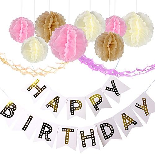 Happy Birthday Banner with Tissue Paper Pom Pom Flower and Four-Leaf Clover Garland for Birthday Party Decorations