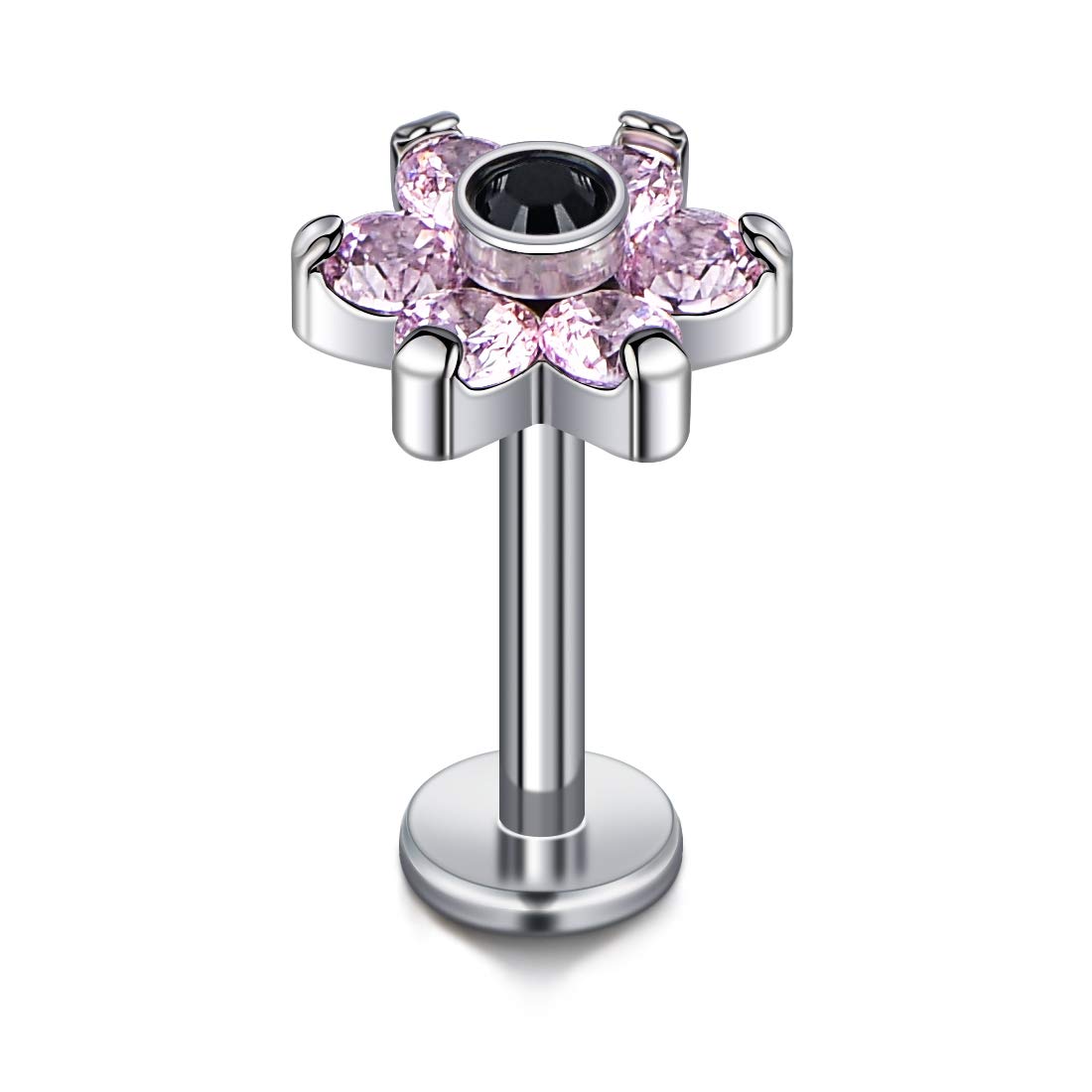 CIZME G23 Titanium Lip Bar Labret Stud 16G Helix Tragus Cartilage Earring Studs 6mm 8mm 10mm with CZ Flower Internally Threaded