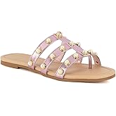 Juicy Couture Women's Slide Sandal – Flat, Dressy, Comfortable, Vegan Leather, Pearl Embellished Slides for Casual & Summer Wear