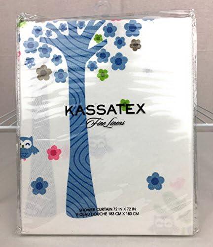 Bambini by Kassatex "Merry Meadow" 72" X 72" Cotton Shower Curtain Blue Green Pink Taupe Trees Flowers Cute Owls