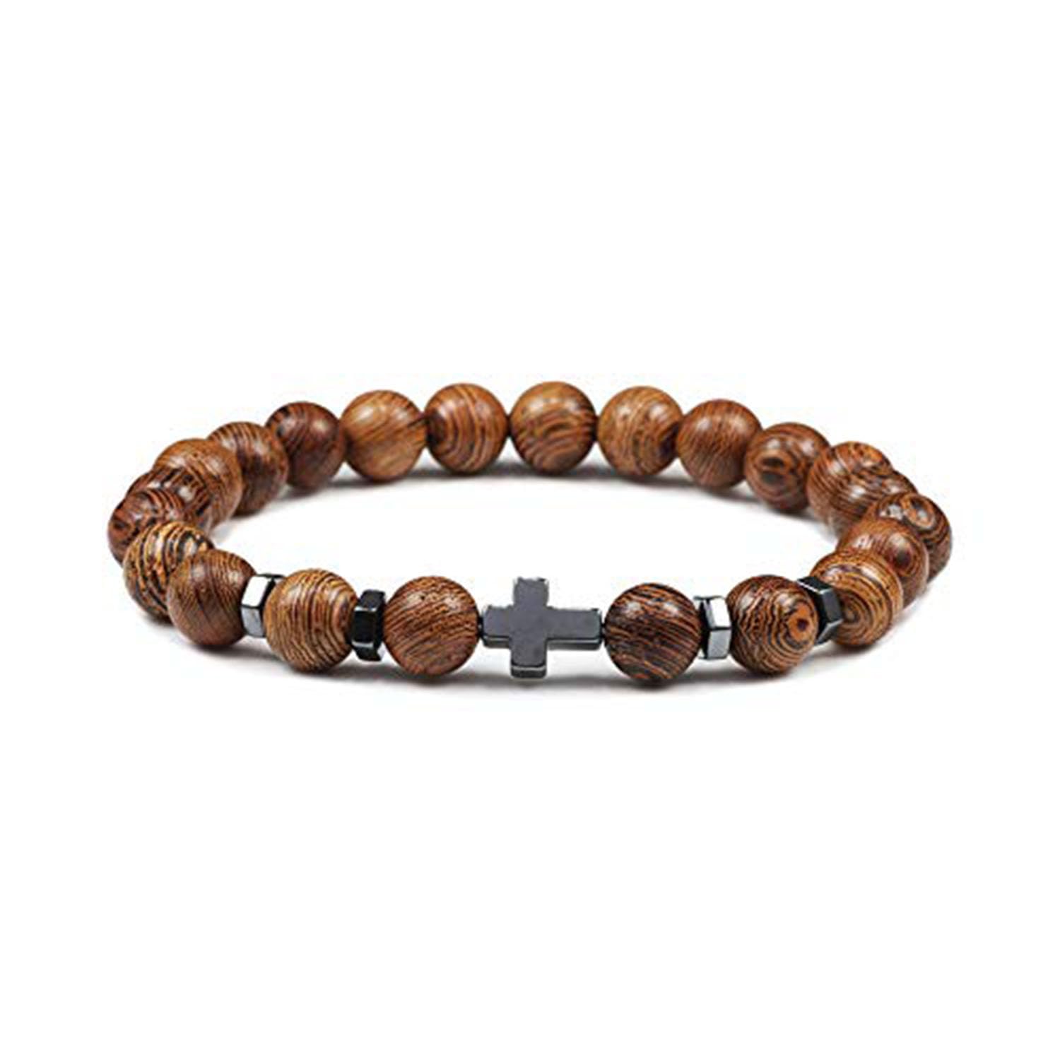 GFYWZ Natural Lava Stone Bead Obsidian Bracelets Cross Rosary Meditation Prayer Jesus Turquoise Bracelet Women Yoga Jewelry,Wooden Beads,Adjustable