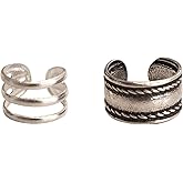 Handmade Silver 2Pcs Ear Cuffs Non-Piercing Earrings, 925 Sterling Silver, Fake Cartilage Helix Non-Pierced Ear Clip on for Women, Tiny Triple Band & Wide Band Ear Wraps, By Miya Jewelry
