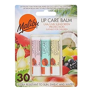 Malibu-Sun-Wind-and-Sweat-Resistant-Lip-Care-Balm-with-SPF-30-Sun-Screen-Protection-3-Pack-of-4g-Watermelon-Mint-and-Vanilla Malibu Sun SPF 30 Lip Balm Sunscreen, Watermelon, Mint and Vanilla, 3 x 5g