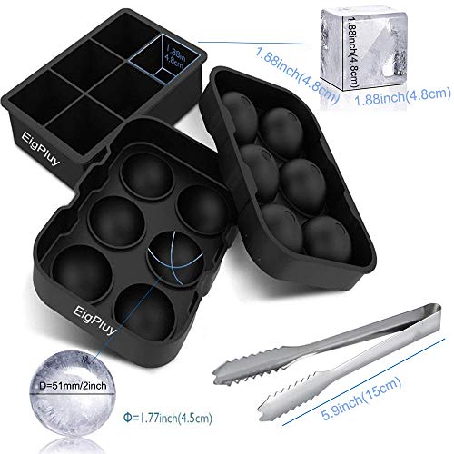 Ice Cube Trays,Silicone Sphere Ice Ball Maker with Lids & Large Square Ice Cube Molds for Whiskey and Cocktails,Big Ice Cube Tray with Funnel & Ice Tongs,Set of 2 (Black) - Thumbnail 5