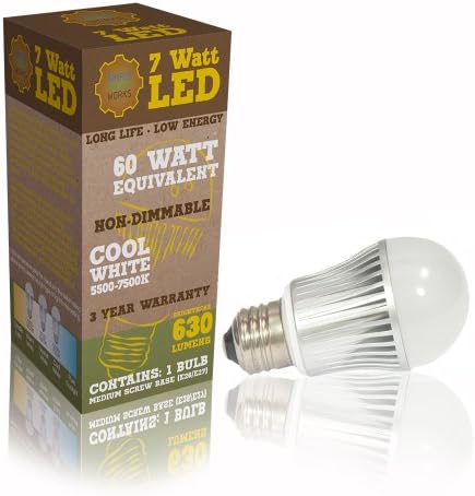 7w LED Bulb A19 Cool White (6000K) 630 Lumen, UL listed (fire safety certified), Non-dimmable, Best energy saving replacement bulbs for 50w and 60w bulbs at home or the office- Save over 85% on lighting bills- 100% Money Back Guarantee!