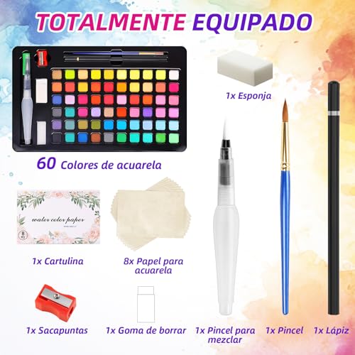 LSHSXPX Acuarelas Profesionales, 60 Colores, Pintura de Acuarela, Adecuado para Principiantes y Artistas Avanzados