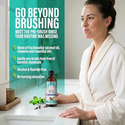 GuruNanda CocoMint Oil Pulling Mouthwash for Complete Oral Hygiene, 7 Essential Oils & Vitamins for Happy Teeth & Gums & Fresh Breath with Toothbrush & Tongue Scraper, Alcohol & Peroxide Free, 8 oz
