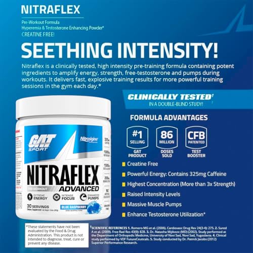 GAT SPORT Nitraflex Advanced Pre-Workout Powder, Increases Blood Flow, Boosts Strength and Energy, Improves Exercise Performance, (Blue Raspberry, 30 Servings)