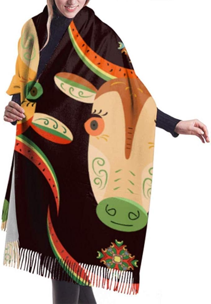 H.D. Damen Winterschal, Kaschmir, Feel, Comic, Kuh, große Augen, Schal