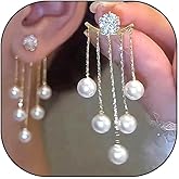 Trendy Boho Pearl Dangle Earrings Rhinestone Tassel Chandelier Earrings Hypoallergenic Front Back Earrings Jewelry Accessory Presents for Wedding Prom
