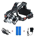 Noza Tec Led Headlamp, 5000Lumen 4 Mode Head Lamp 3 CREE XML T6 Waterproof Headlight with 218650 Rechargeable Battery + AC Charger + Car Charger For Outdoor Camping Biking Hunting Fishing