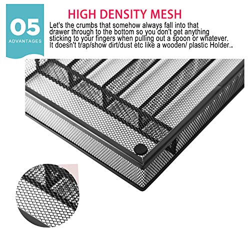 IRSHOME Solid Utensil Drawer Organizer, Cutlery Tray, Silverware/Flatware Storage Divider for Kitchen, Mesh Designing with Non-slip Foam Feet, 5 Component, Black- 1 Pack