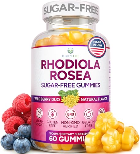 Sugar-Free Rhodiola Rosea Gummies (1500mg/Serving) Cortisol Detox & Adrenal Support Supplement - Adaptogenic Rhodiola for Mood, Motivation, Stamina & Performance, Non-GMO, 60 Vegan Chews