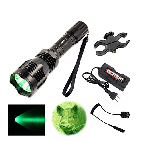 X.YSHINE Hunting Flashlight- Green Light Flashlight of HS-802 Cree Q5 Coyote Light Night Hunting with Pressure Switch+ Barrel Mount+ 18650 Rechargeable Battery+ Charger Perfect for Hunting & Fishing