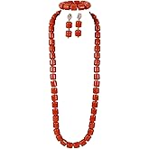 Africanbeads 1-Row Orange Coral Necklace Bracelet Earrings,Nigerian Wedding Coral Beads Jewelry Set