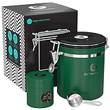 Coffee Gator Stainless Steel Container - Canister with co2 Valve, Scoop, and Travel Jar (Green, Medium)