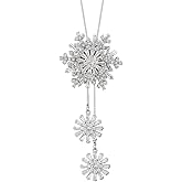 Elegant Rotating Snowflake Crystal Long Chain Lariat Y Necklace for Women Delicate Shiny CZ Winter Flowers Drop Statement Pendant Adjustable Necklaces Dainty Sweater Christmas Jewelry Gift for Her 33''