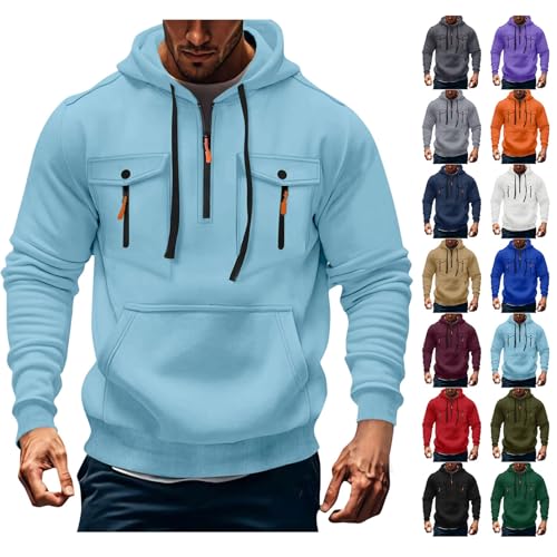 Hoodies for Men UK Fleece Quarter Zip Sweatshirts Winter Warm Long Sleeve Hoodie Mens Plain Casual Work Hooded Sweatshirt with Kanga Pockets