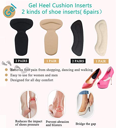 Heel Grips Heel Cushion Inserts Reusable Self-Adhesive Non-Slip Heel Pads Liners for Men's and Women's Loose Shoes, Preventing Heel Slipping, Rubbing, Comfortable Shoe Pads Inserts -6 Pairs