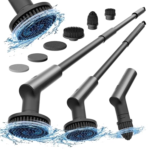 HOTO Cordless Electric Spin Scrubber, IPX7 Full Body Waterproof Bathroom Cleaning Brush, Max 22 in-lb, Shower Scrubber Brush with Long Handle, 6 Brush Heads, Power Scrubber for Bathroom, Floor, Tile