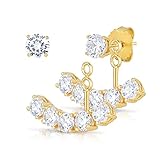 14K Gold Plated Sterling Silver Front Back 2 in 1 CZ AAA Quality Stud and Ear Jacket Cuff Earrings Set