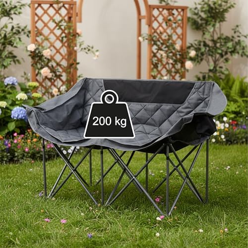 Banc de Camping, 2 Places, Pliable, accoudoirs, 2 Porte-gobelets, Sac Transport, 84x146x54 cm, Gris