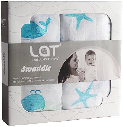 2 Pack Pre-Washed 100% Muslin Cotton Swaddle Blanket Gift Set, Large, 47 x 47 (Blue Ocean)