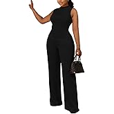 acelyn Elegant Women's 2 Piece Outfits Sleeveless Slit Mock Neck Top Wide Leg Pant Suits Set Work Business Pantsuit Black
