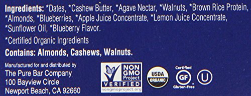 Pure Organic Wild Blueberry Bar, Gluten-Free, Certified Organic, Non-GMO, Vegan, Kosher, Plant Based Whole Food Nutrition Bar, 1.7 ounce (Pack of 12)