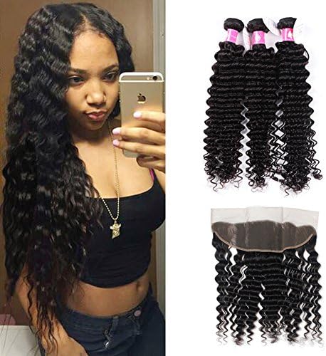 Forawme Unprocessed Brazillian Virgin Human Hair Soft Deep Curly With Frontal Closures 5pcs Lot Deep Wave 20 22 24 26 With 18 Inch Middle Part Lace Frontal Closure With Bundles Human Hair Weave