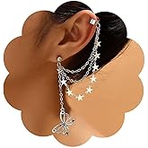 Iaceble Punk Star Chain Ear Cuff Earrings Hollow Butterfly Dangle Earrings Silver Chain Cuff Wrap Earrings Butterfly Wing Earrings Luck Star Cartilage Cuff Earrings Tassel Chain Crawler Cuff Earrings