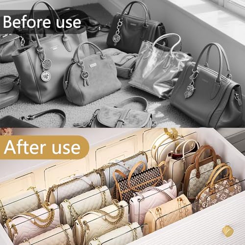 Bag Storage Organizer, 4 Pack Clear Plastic Handbag Shelf Stand, 4 Sections Bags Closet Shelf Divider for Closet, Display Holder Organiser for Purses, Clutches, Wallets, Book