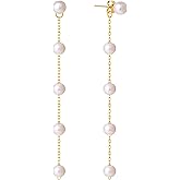 Poxtex Peal Earrings for Women, 925 Silver Long Freshwater Pearl Dangle Earrings for Women, Wedding Pearl Tassel Earrings for Bridal, Tiny Pearl Prom Long Earrings