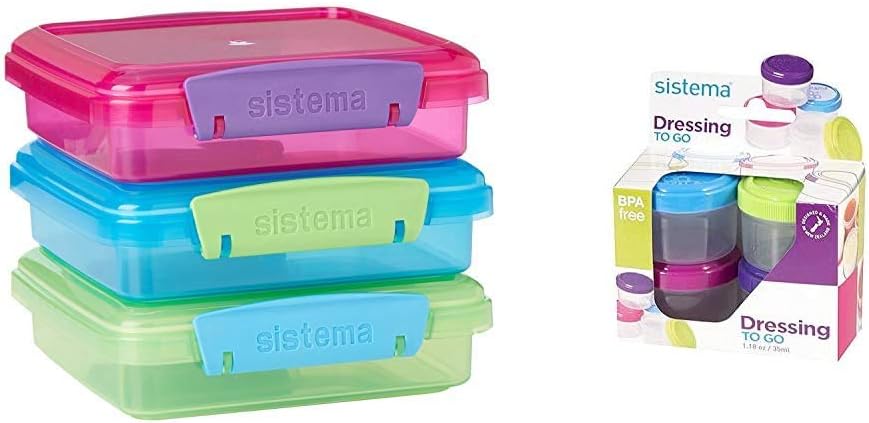 Sistema Lunch Collection Food Storage Containers, 1.9 Cup, 3 Pack, Blue/Green/Pink & To Go Collection 1.18 oz. Salad Dressing Containers, Pink/Green/Blue/Purple, 4 Pack | BPA Free, Reusable