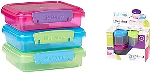 Sistema Lunch Collection Food Storage Containers, 1.9 Cup, 3 Pack, Blue/Green/Pink & To Go Collection 1.18 oz. Salad Dressing Containers, Pink/Green/Blue/Purple, 4 Pack | BPA Free, Reusable