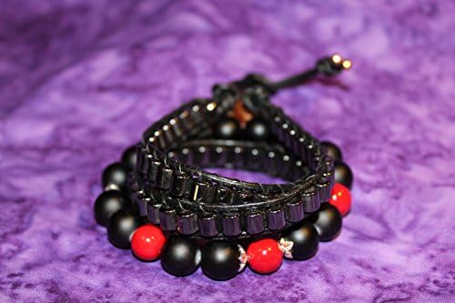 Men's Black Magnetic Wrap Bracelet, sold with non-magnetic 10mm black beads and read beads with silver spacers